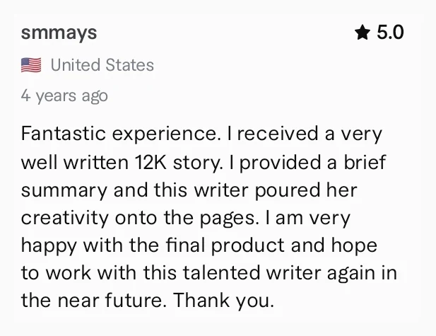 Fiverr review, 5 stars, for a well-written 12K story based on a brief summary