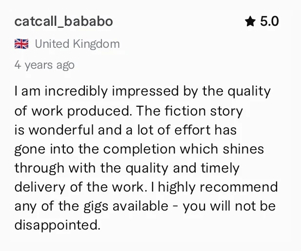 Fiverr review, 5 stars, praising the quality and timely delivery of a fiction story