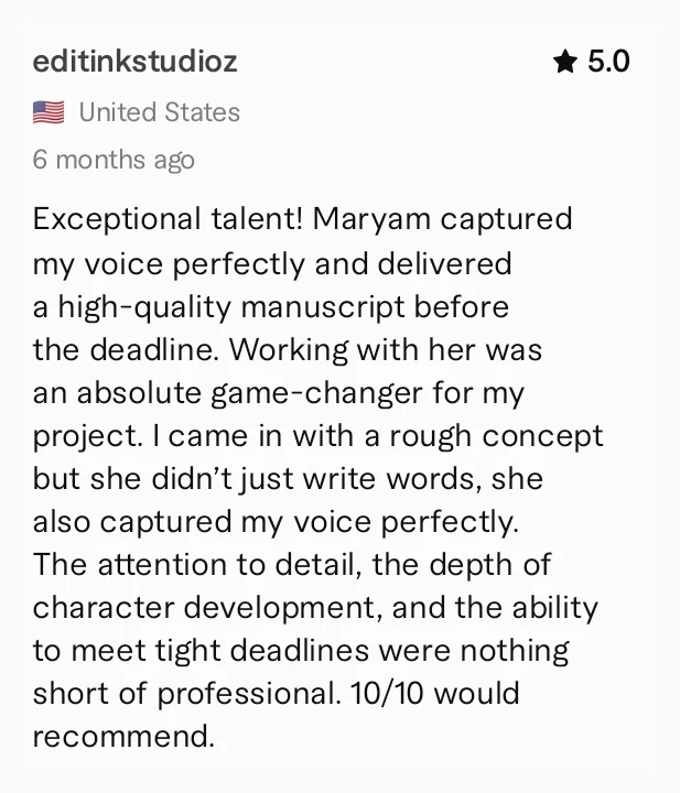 Fiverr review, 5 stars, from a client who says the ghostwriter captured their voice perfectly and delivered before the deadline
