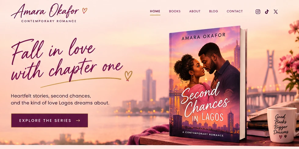 Homepage of a contemporary romance author website with script lettering, a featured book cover and a sunset city backdrop