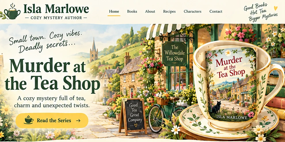 Homepage of a cozy mystery author website with a village tea shop illustration and a featured book in a teacup