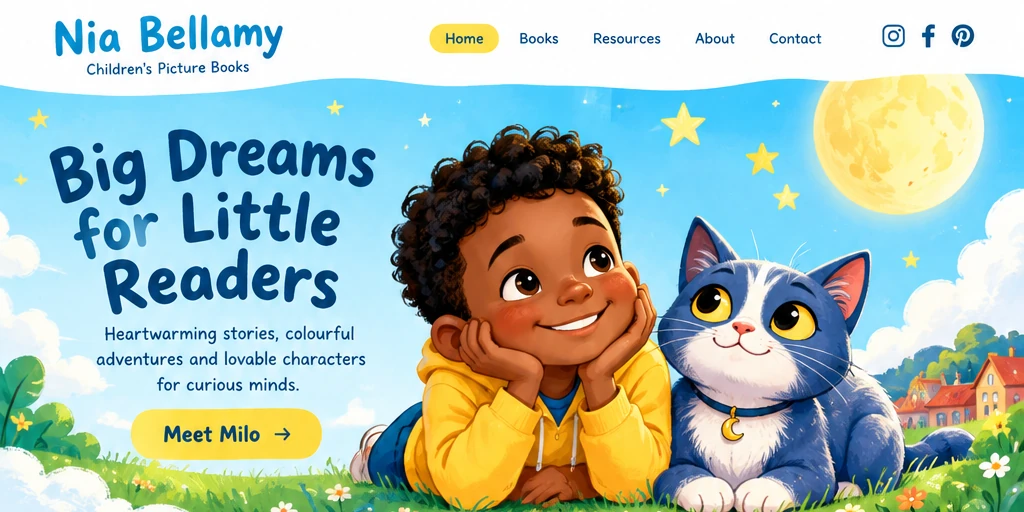 Homepage of a children's picture book author website with playful lettering, an illustrated hero and age-group navigation