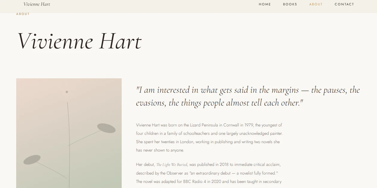 About page of a literary fiction author website with an elegant serif title, pull quote and soft neutral palette