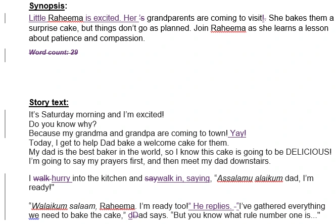 Tracked-changes sample from a children's picture book manuscript with dialogue and punctuation edits