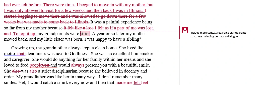 Tracked-changes sample from a nonfiction memoir with line edits and a margin comment