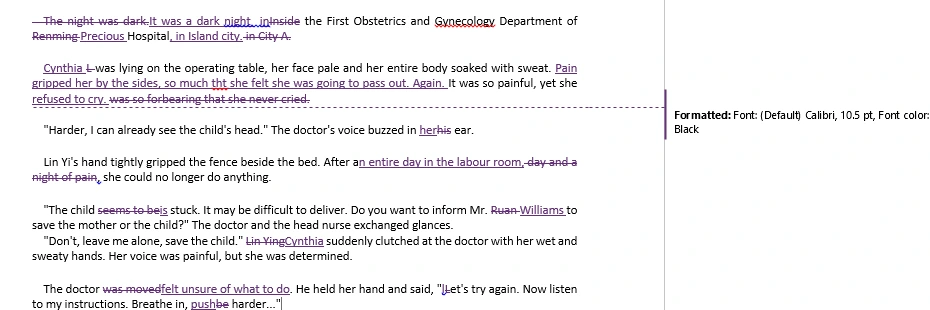 Tracked-changes sample from a romance manuscript showing name consistency and dialogue fixes