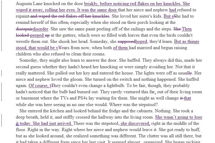 Tracked-changes sample from a thriller manuscript showing tightened sentences and word-choice edits