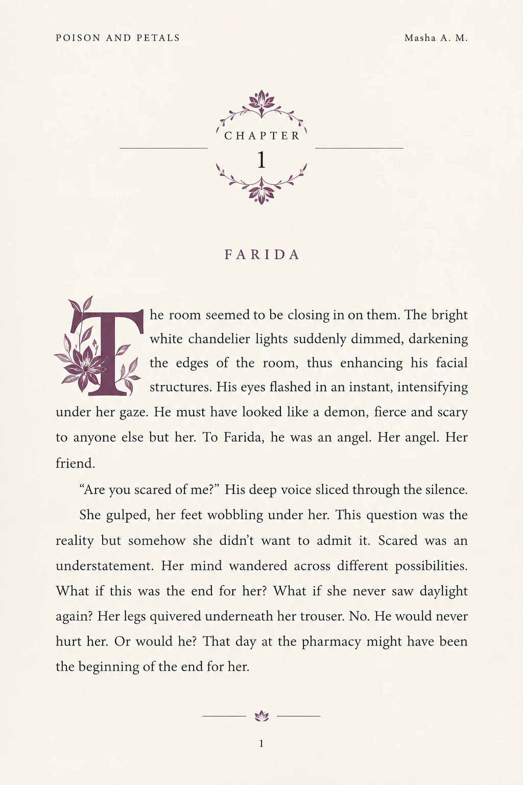 Print interior sample: chapter opening page with a floral ornament, a floral drop cap, and a running header