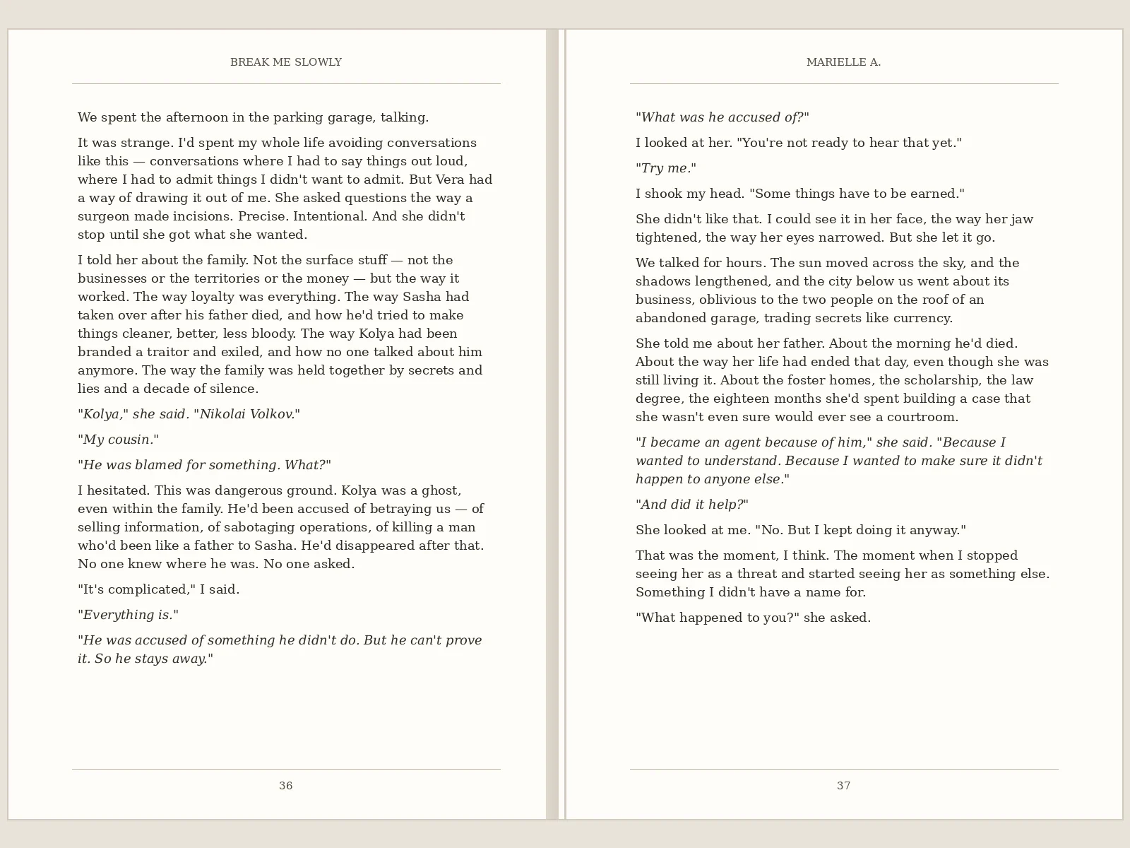 Print interior spread: two body-text pages with running headers, a rule line, and page numbers