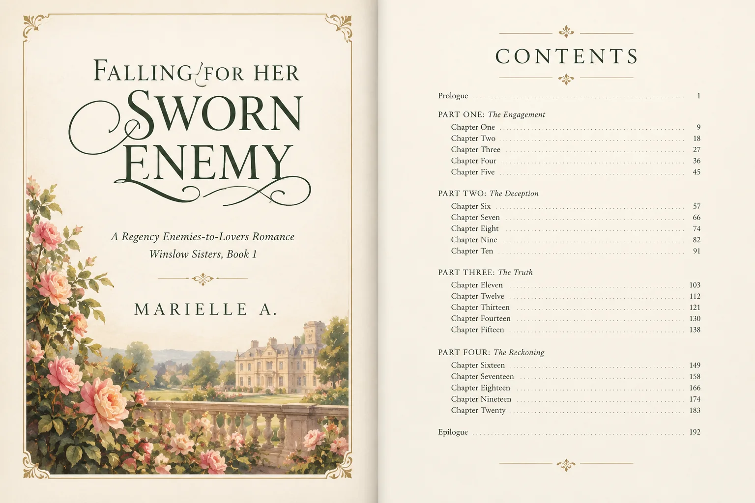 Print interior spread: a decorative title page beside a contents page with parts and chapters, for a Regency romance