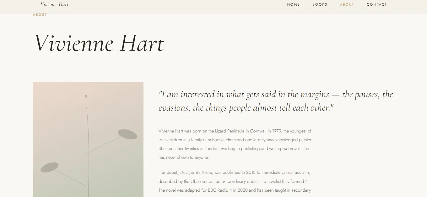Sample author website design: About page for a fictional literary novelist, with serif typography and a soft cream and sage palette